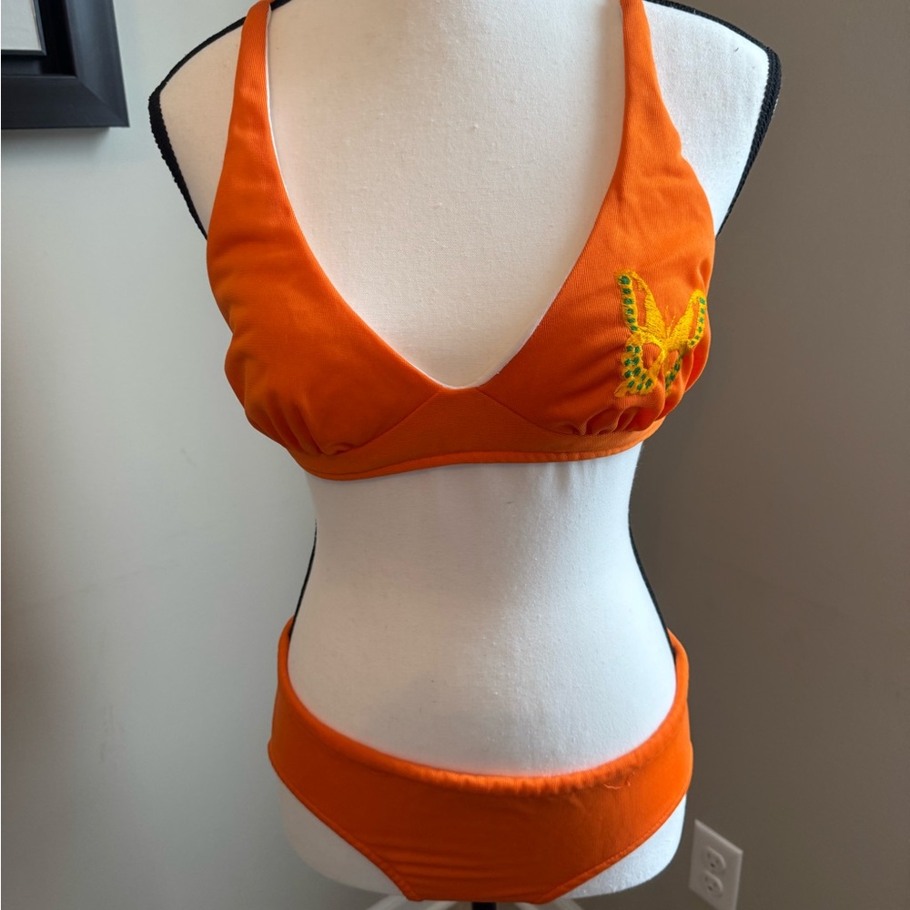 Vintage 90s Orange Textured Bikini Set Butterfly Embroidered Halter Swim Small‎